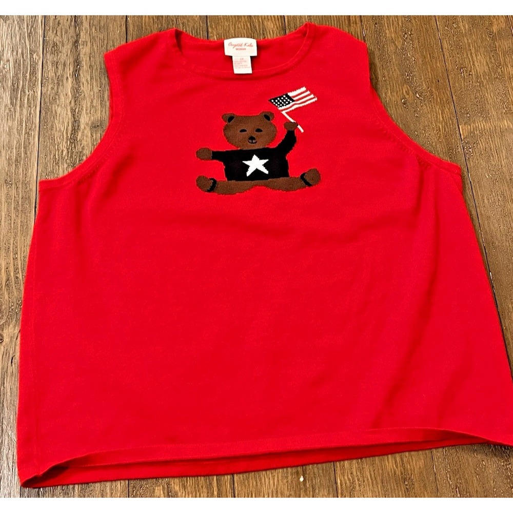 Vtg USA American Flag Cotton Knit Sweater Teddy Bear 90s Patriotic Sz 2X Red F31